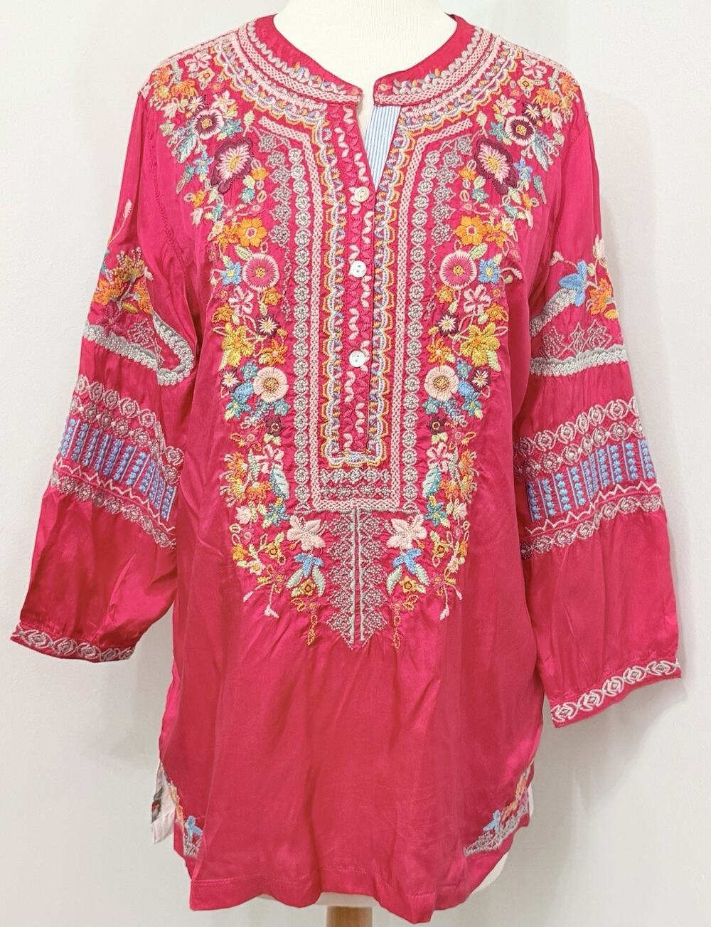 John Mark Blouse Fuchsia Pink Embroidered Boho Peasant Small Tunic Shirt Floral
